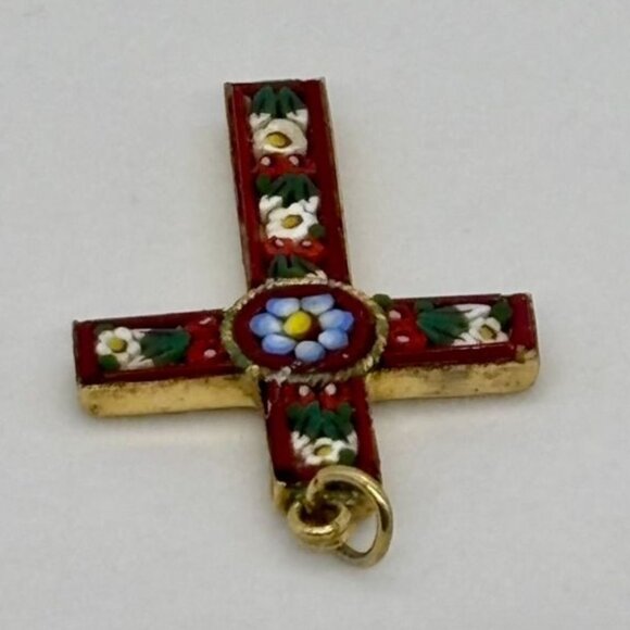Vintage Italian Micro Mosaic Cross Gold-Tone Metal Red W/Blue White Green Marked - Picture 10 of 12